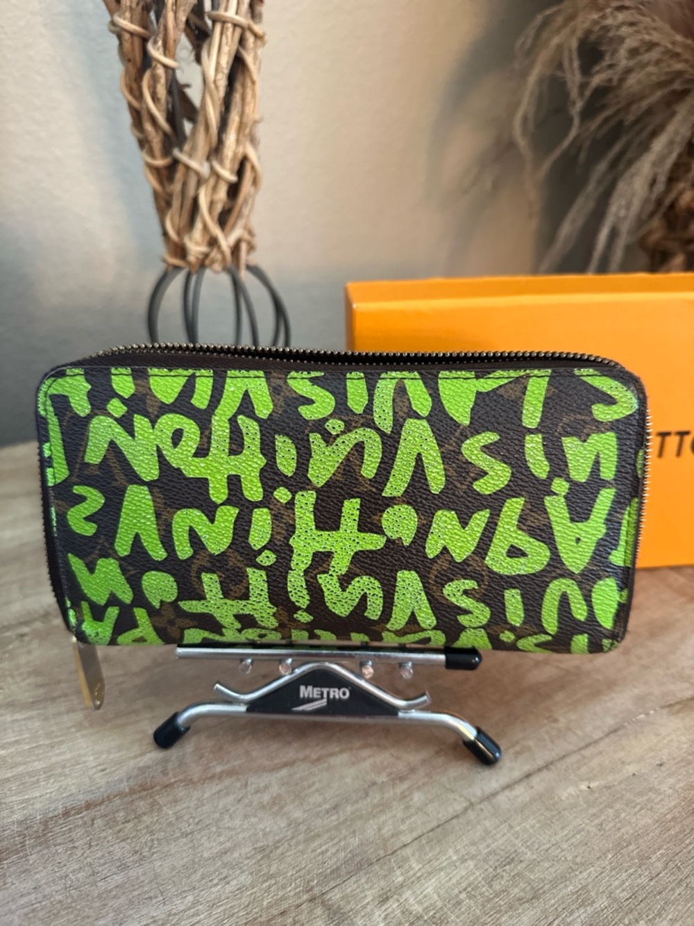 Louis Vuitton Graffiti Print Zip Wallet in Neon Green on Brown